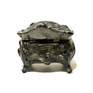 Antique Silver Tone Small Jewelry Trinket Box Casket Hinged Lid Footed Lined